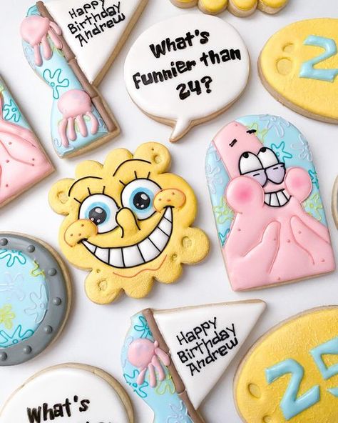 Spongebob Cookies 25, Spongebob Sugar Cookies, Funny Birthday Cookies, 25th Birthday Cookies, Spongebob Cookies, Cars Cookies, The Krusty Krab, Cottage Bakery, Special Cookies