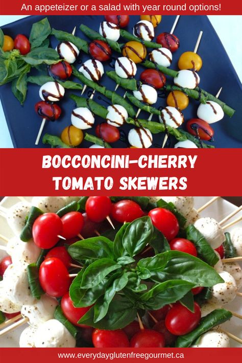 Bocconcini Cherry Tomato Skewers can be made year round. Serve it on a long skewer as a salad or on a toothpick for a pop-in-your-mouth hors' d'oeuvres. - Everyday Gluten Free Gourmet Tomato Bocconcini Skewers, Bocconcini Skewers, Hor Dourves, Tomato Skewers, List Of Appetizers, Potluck Salad, Cherry Tomato Plant, Marinated Vegetables, Balsamic Recipe