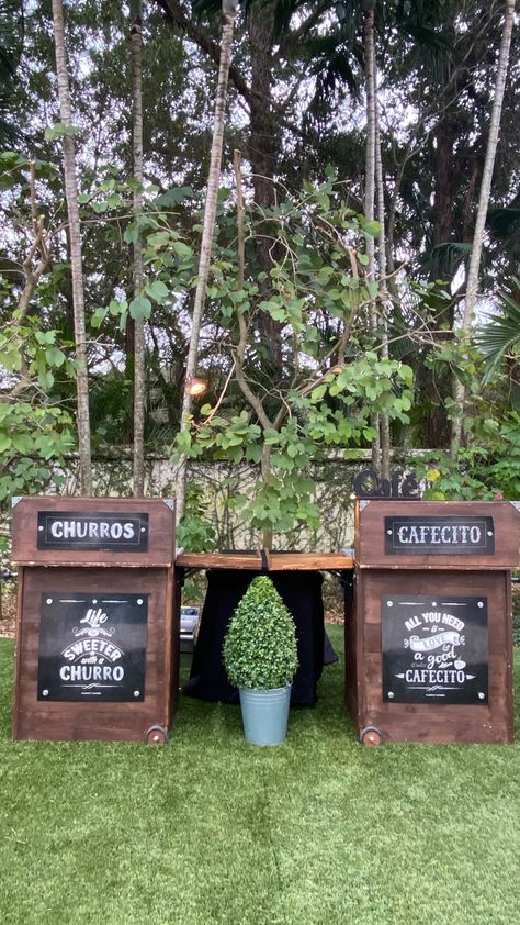 Cuban Cafecito, Churro Station, Draft Beer Bar, Churro Cart, Rustic Sweetheart Table, Churro Maker, Coffee Bar Wedding, Wood Signage, Rustic Dessert