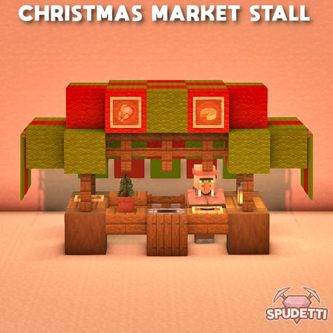 402 Likes, 4 Comments - Spudetti - Minecraft Builds (@spudetti) on Instagram: “A Christmas market stall that you can add to your own Minecraft worlds! I hope you like it 😄…” Minecraft Tundra Builds, Minecraft Medieval Market, Medieval Market Stall, Market Stall Ideas, Minecraft World Ideas, Minecraft Market, Minecraft House Decor, Christmas Market Stall, Cottage Minecraft