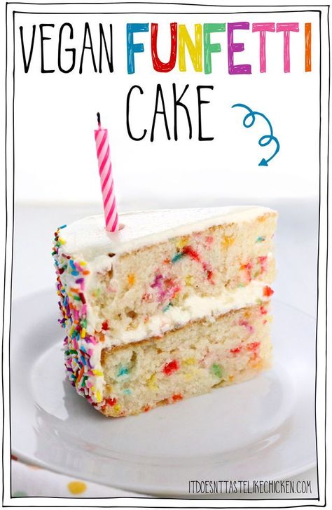 Vegan Funfetti Cake! Also called vegan confetti cake, is a delicious vanilla cake with sprinkles stirred into the batter to make spots of bright color throughout. Perfect for a vegan birthday cake! Deliciously moist and sweet, this rainbow cake is perfect Cake With Sprinkles, Vegan Birthday, Vegan Birthday Cake, Vegan Kids Recipes, Vegan Cakes, Vegan Cake Recipes, Confetti Cake, Like Chicken, Cake Vegan