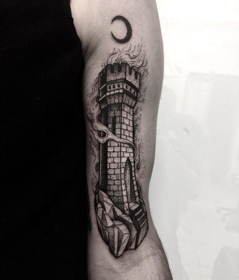 Blackwork tower ️tattoo done at Primordial Pain Tattoo Milano Stargazer Tattoo, Torres Tattoo, Tattoo Milano, Tower Tattoo, Inspiring Quote Tattoos, Simple Wrist Tattoos, Castle Tattoo, Simple Tattoos For Women, Medieval Tattoo