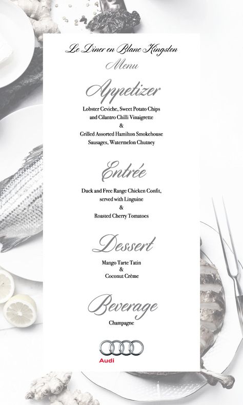 Le Diner En Blanc Menu                                                                                                                                                      More Diner En Blanc Food Ideas, Katharine Graham, Black Tie Birthday Party, Catering Menu Design, Senior Brunch, Chicken Confit, Romantic Dinner Decoration, Diner Menu, Christmas Learning