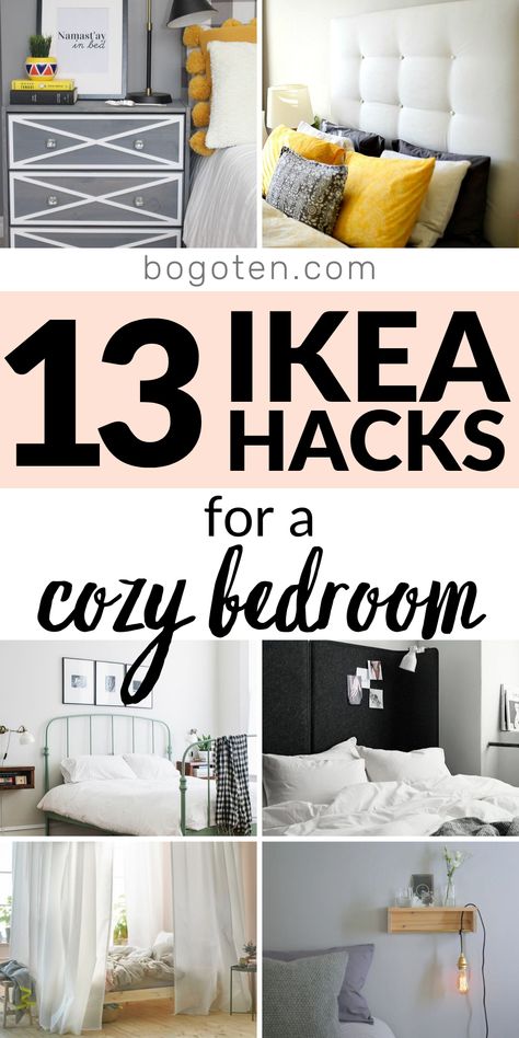 Collage of ikea hacks in a bedroom Small Room Ikea Ideas, Ikea Masterbedroom Ideas, Olderdalen Ikea, Small Bedroom Ikea Ideas, Ikea Bedroom Storage Hacks, Boho Ikea Bedroom, Small Ikea Bedroom Ideas, Ikea Furniture Hacks Bedroom, Guest Room Ideas On A Budget