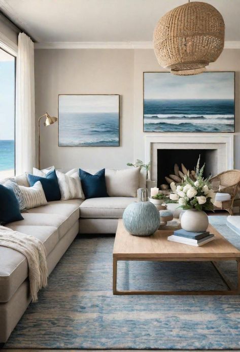 Modern Beach Living Room, Blue Accents Living Room, Neutral Living Room Ideas, Room Staging, Beachy House, Beach Living Room, Beach House Living Room, Minimalist Living Room Design, Staging Ideas