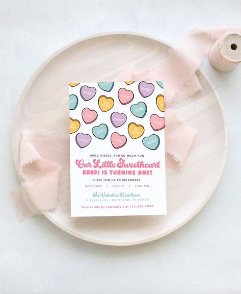 One Year Old Birthday Party Girl February, Candy Heart Party, Sweetheart 1st Birthday Party Ideas, Our Sweetheart Is Turning One, Valentines Birthday Party Ideas, February Birthday Party Ideas, February Baby Shower Themes, February Baby Showers, Valentines Birthday Party