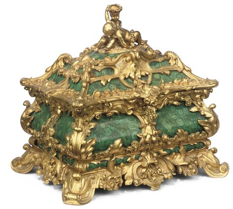 A FRENCH GILT-BRONZE AND SIMULATED MALACHITE CASKET | LATE 19TH CENTURY | jewelry casket, Furniture & Lighting | Christie's Antique Music Box, Tsar Nicholas Ii, Jewelry Casket, Antique Vase, Antique Boxes, French Furniture, Bronze Statue, Jewelry Holder, Green Velvet