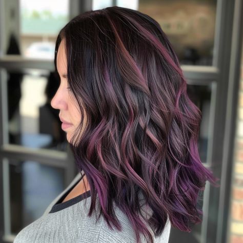 Dark Brown Hair With Plum Underneath, Fall Hair Purple Highlights, Plum Red Balayage, Fall Hair Purple Brown, Purple Fall Hair Color, Brunette With Violet Highlights, Purple Hair Highlights Brown Brunettes, Purple Highlights Brunette, Dark Brown With Purple Underneath