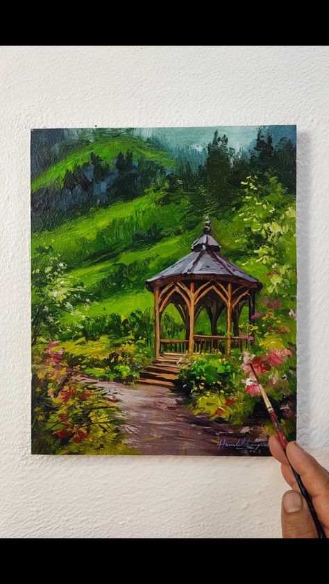 Garden Landscape Painting, Paper Mountains, Garden Field, Texture Paintings, Easy Landscape Paintings, Hillside Garden, Inspiration Painting, Canvas Painting Tutorials, Gouache Art