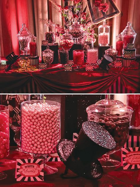 Moulin Rouge Theme Party (Quinceañera) // Hostess with the Mostess® Burlesque Theme Party, Burlesque Theme, 40th Birthday Themes, Burlesque Party, Candy Station, Prom Theme, Candy Red, Lingerie Shower, White Candy