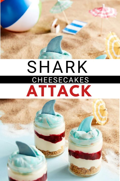 Shark Party Treats, Shark Party Desserts, Shark Cheesecake, Jaws Birthday Party Ideas, Shark Treats, Shark Graduation Party, Shark Dessert Table, Shark Birthday Desserts, Shark Desserts