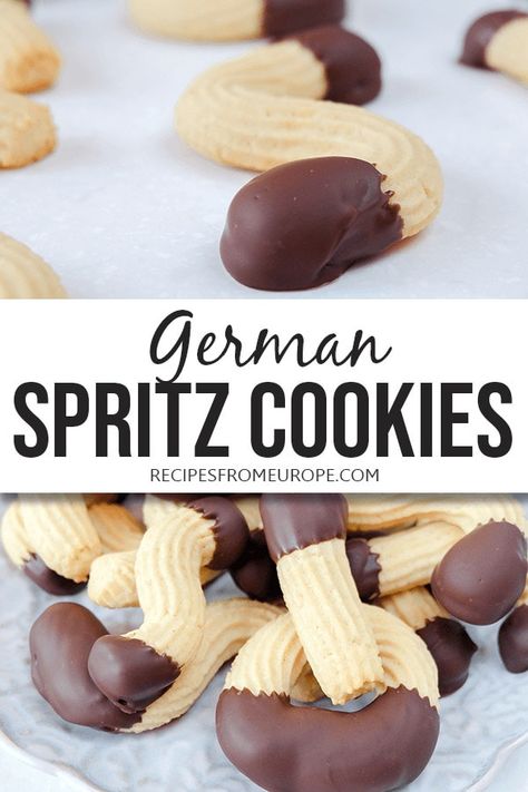 Looking to make festive German spritz cookies? These holiday cookies come in different shapes and are perfectly sweet. You can even dip them into chocolate! #cookierecipes #germanrecipes Cookie Press Recipes, Christmas Spritz Cookies, Christmas Pastry, German Christmas Food, Spritz Cookie Recipe, German Food Authentic, German Christmas Cookies, German Cookies, German Baking