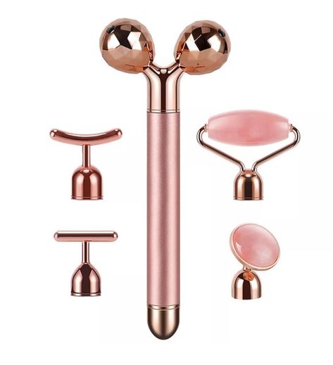 Vibrating, Electrical Rose quartz with multiple attachments. #facialroller #facialmassage #makeup #beauty #explorepage✨ #igfeed Face Massage Roller, Double Menton, Face Massager, Gold Beauty, Jade Roller, Facial Roller, Face Massage, Massage Roller, Facial Massage