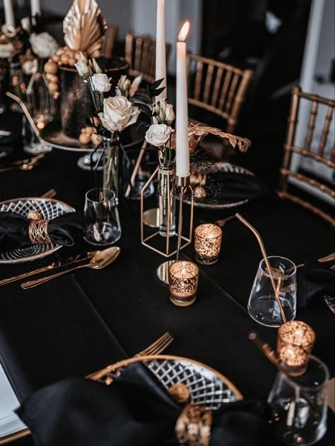 Brunch For Men Ideas, Black Engagement Party Decor, Black And Gold Dinner Party, Black And Gold Tablescape, Black White Gold Wedding Theme, Industrial Wedding Style, Gothic Wedding Theme, Gold Table Setting, Dark Wedding Theme