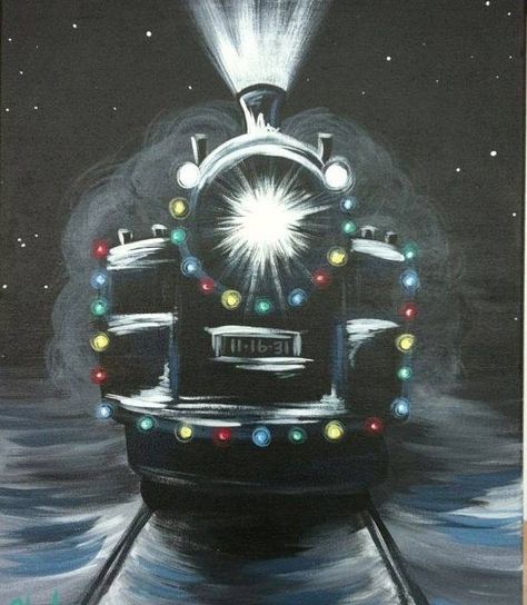 Polar Express Painting Canvas, Black Canvas Christmas Painting, Polar Express Drawing, Polar Express Painting, Christmas Train Painting, Polar Express Art, Holiday Paintings On Canvas, Drawing Ideas Christmas, Christmas Canvas Paintings