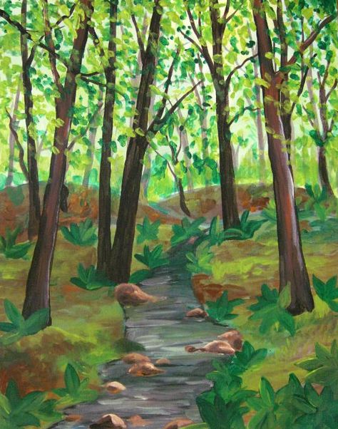 Jungle Drawing Forests, Watercolor Painting Trees Forests, Forest Background Drawing Easy, Forest Drawings Simple, Paintings Of Forests, Forest Trail Drawing, Natur Drawing Ideas, Simple Forest Background Drawing, Forest With Animals Drawing