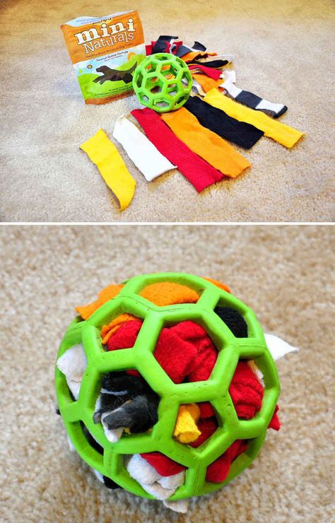 .:* L - For a dog who loves to tear apart stuffed animals, make a durable activity ball with a Hol-ee rubber ball, scraps of fabric, and treats. | 38 Brilliant Hacks For Dog Owners Lou Dog, Diy Dog Toys, Scraps Of Fabric, Cesar Millan, Dog Enrichment, Dog Games, Dog Activities, Diy Dog Stuff, Newfoundland