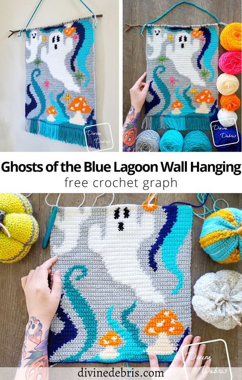 Learn to make the fun and colorful Halloween inspired Ghosts of the Blue Lagoon Wall Hanging crochet pattern from a free graph. Devine Debris Crochet, Crochet Patterns Wall Hangings, Teal Crochet Projects, Crochet Wall Art Pattern Free, Free Crochet Tapestry Patterns, Crochet Tapestry Ideas, Tapestry Crochet Patterns Free, Crochet Graph Patterns Free Charts, Birthday Greeting Card Ideas