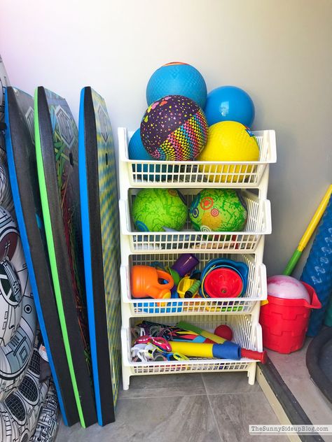 Favorites for Organizing (Sunny Side Up) Luggage Closet, Pool Toy Organization, Float Storage, Pool Organization, Pool Toy Storage, Outdoor Toy Storage, Outdoor Organization, Pool Shed, Deck Pool