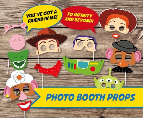 Photo booths are such a fun party activity that allows your guests to fool around striking poses while having their photo taken. Create some magical memories with these cool Toy Story photo booth props! See more party ideas and share yours at CatchMyParty.com #catchmyparty #partyideas #toystory #toystory4 #toystory4 #toystoryparty #toystoryphotoboothprops #toystorypartysupplies Photo Booth Ideas For Parties, Toy Story Photo Booth, Disney Centerpieces, Toy Story Cupcakes, Mask Photo, Toy Story Invitations, Toy Story Party Decorations, Head Photo, Toy Story Baby