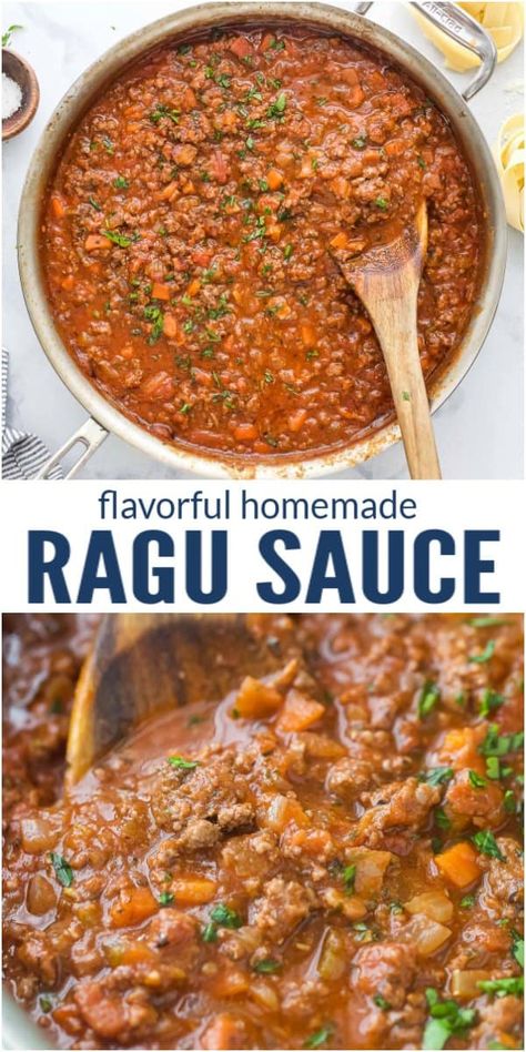 Ragu is by far one of the most flavorful sauces that you can put on pasta. Some take hours, but this Simple Ragu Sauce is ready in under 60 minutes! It has all of the traditional flavors you want from an Italian sauce - hearty beef, salty pork, rich tomato, herbs, umaimi flavor and toasted garlic. #pastasauce #ragu #ragurecipe #ragusauce #dinnerideas #beef recieps Pork Ragu Pasta, Tomato Ragu Sauce, Traditional Ragu Recipes, Sausage Ragu Pasta, Red Wine Ragu, Ragu Meat Sauce Recipe, Meat Pasta Sauce Recipes, Ragu Spaghetti Recipes, Meat Ragu Recipe