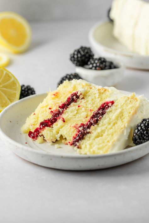 Lemon Blackberry Cake - Ginger Snaps Baking Affairs Lemon Blackberry Cake, Homemade Blackberry Jam, Measuring Flour, Creaming Method, Spring Recipes Dessert, Moist Lemon Cake, Blackberry Cake, Lemon Cream Cheese Frosting, Lemon Cream Cheese