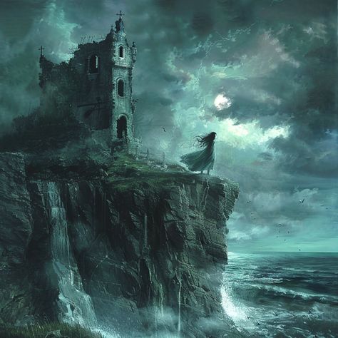 A crumbling gothic castle on a cliff, stormy skies, a beautiful, sorrowful woman in a flowing gown, waiting on the cliffs edge. This vintage-inspired digital download is perfect for printing and decorating your living room, bedroom, dining area, or even your office. Elevate your space with a touch of eerie charm and academic aesthetic. Our printable wall art files are available for instant download. Whether you prefer printing at home or utilizing a printing service, these files provide flexibil Victorian Castle Aesthetic, Castle Ruins Art, Haunted Dining Room, Castle On A Cliff, Victorian Horror, Victorian Castle, Flowing Gown, Academic Aesthetic, Stormy Skies