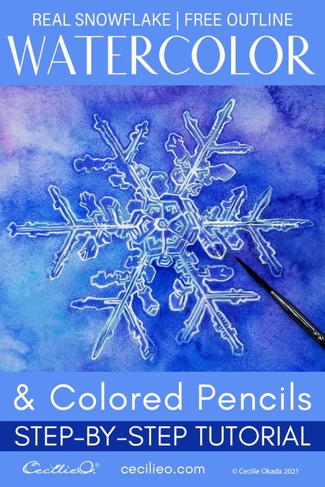 Watercolor Snowflake Tutorial, Snowflake Drawing Art, Watercolour Snowflakes, Winter Watercolor Paintings, Library Watercolor, Snowflake Watercolor, Watercolor Snowflakes, Painting Snowflakes, Watercolor Christmas Cards Diy