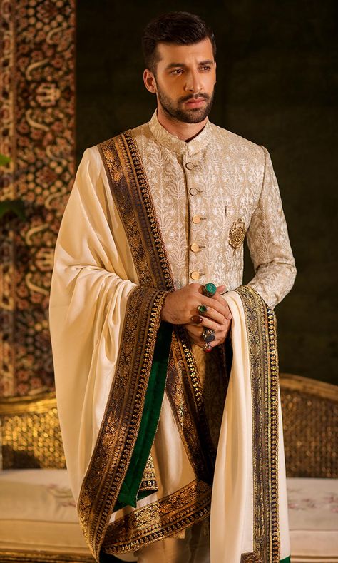 Golden Sherwani Grooms, Golden Sherwani, Wedding Sherwani For Groom, Cute Indian Guys, Beige Party, Mansions Interior, Sherwani For Groom, Epic Costumes, Indian Wedding Clothes For Men