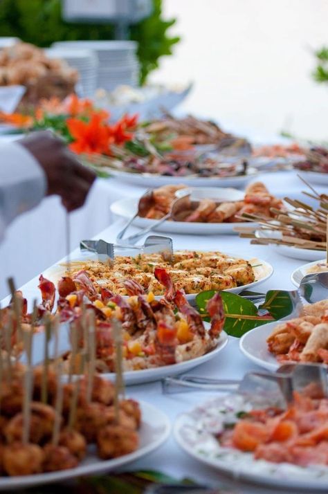 Bahamas wedding buffet Beach Wedding Food Ideas, Beach Wedding Food, Beach Wedding Reception Food, Beach Wedding Foods, Wedding Buffet Menu, Wedding Food Ideas, Wedding Buffet Food, Seafood Party, Jamaican Wedding