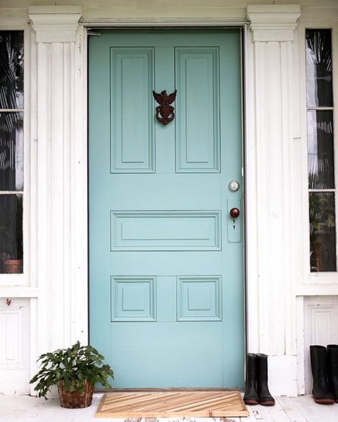 1,182 Likes, 12 Comments - Benjamin Moore (@benjaminmoore) on Instagram: “For a front door that is sure to stand out, pair whites with neutral colors, like Waterfall…” Hello Door Decal, Diy Closet Doors, Front Door Decal, Front Door Sign, Pintura Exterior, Door Decals, Front Door Signs, Front Door Colors, Front Door Design