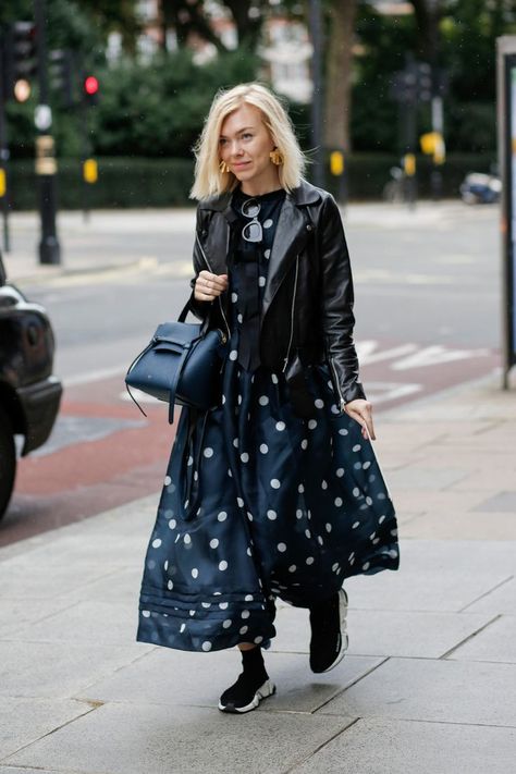 {Leather jacket, polka dot dress and sneakers.} Streetwear London, Dress And Sneakers, Maxi Vestidos, Polka Dot Jacket, Elegant Outfits, Monochrome Fashion, Muslimah Fashion Outfits, Wardrobe Ideas, Street Style Chic