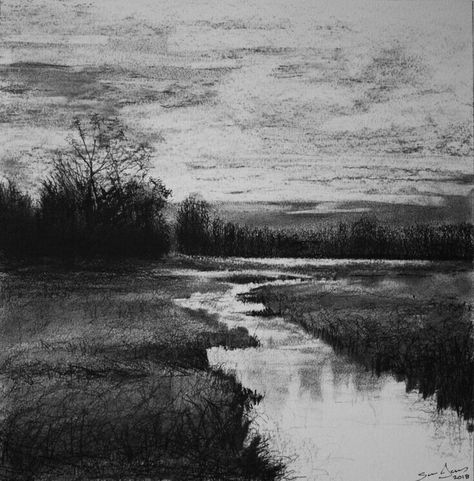 Pencil Sketches Landscape, Charcoal Artwork, Sea Drawing, Art Charcoal, Landscape Sketch, Charcoal Sketch, Black And White Landscape, Charcoal Art, Graphite Drawings