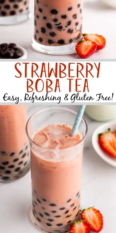 How To Make Strawberry Boba Tea, Boba Dessert Recipe, Fruit Tea Boba Recipe, Fruity Boba Drinks, Boba Syrup Recipe, Boba Fruit Tea Recipe, Strawberry Boba Tea Recipe, Fruit Tea Boba, Prego Recipes