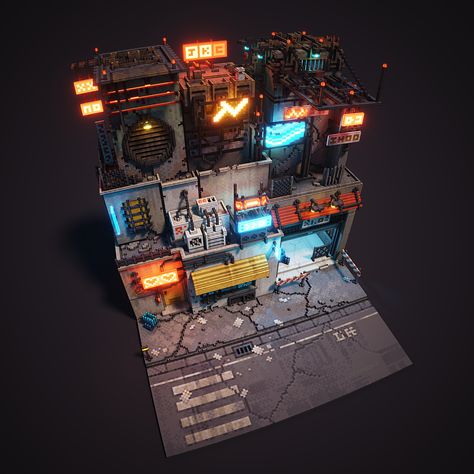 Cyberpunk Building, Sci Fi Environment, Building Concept, Isometric Art, Cyberpunk Aesthetic, Cyberpunk City, Low Poly Art, Grunge Punk, Game Concept Art