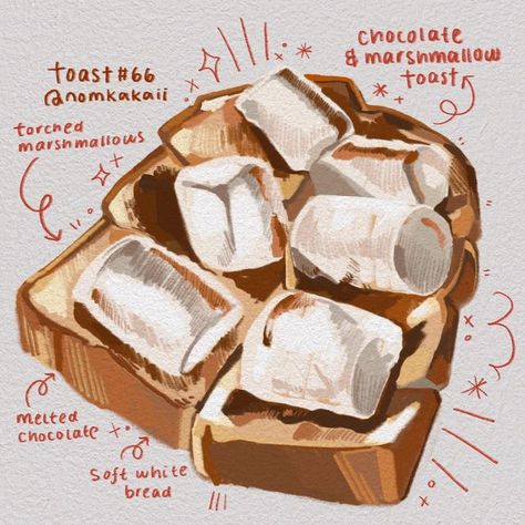 kai🍳 on Instagram: "#toast 66🍞 Chocolate and Marshmallow Toast🍞🎄 Oh my gosh- it’s already December 30th!🤔🍞 This time it’s my second time revisiting drawing marshmallows🍫🥛✨I didn’t post it the first time because it didn’t turn out the way I expected, but nonetheless I’m glad that I revisited this one especially during the season of hot chocolate!☕️🥛 I feel like my time back at home is passing by really quickly and around next week this time on saturday, I’ll be flying back to LA!⛄️so for Marshmallow Toast, Marshmallow Drawing, Hot Chocolate Illustration, Gouache Reference, Toast Drawing, Marshmallow Paint, Hot Chocolate Drawing, Foodie Illustration, Chocolate Toast