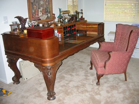 Antique Square Grand Piano Desk with Chair | Flickr - Photo Sharing! Victorian Piano, Piano Projects, Piano Upcycle, Piano Repurpose, Desk With Chair, Victorian Library, Boat Bar, Piano Desk, Repurpose Projects