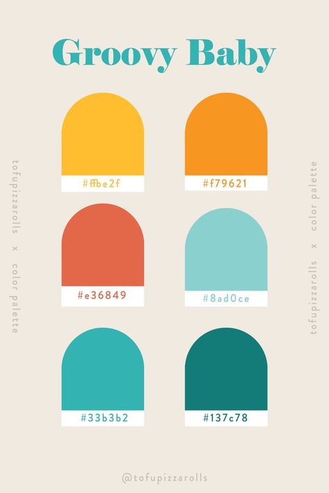 Color palette called "groovy baby" with yellows, oranges, and different shades of blue. Including design hex codes Flat Color Palette, 달력 디자인, Retro Color Palette, Pantone Colour Palettes, Color Design Inspiration, Hex Color Palette, Hex Color, Colour Pallets, Color Schemes Colour Palettes