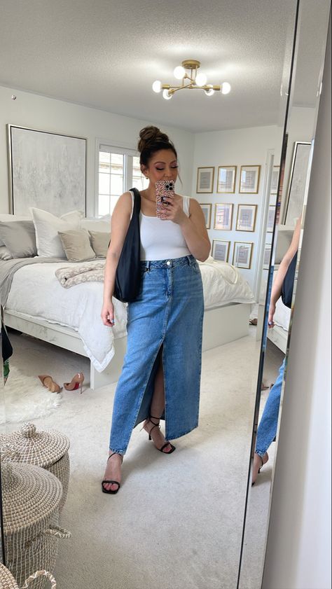 Denim skirt, white bodysuit, heels, summer outfit, summer style, spring outfit, spring style, trendy outfit, denim, denim maxi skirt. Denim Maxi Skirt Midsize, Midsize Denim Skirt, Midsize Maxi Skirt Outfit, Denim Maxi Skirt Outfit Summer, Denim Maxi Skirt Outfit, Maxi Skirt Outfit Summer, Maxi Skirt Spring, Maxi Skirt Outfit, Skirt Outfit Summer