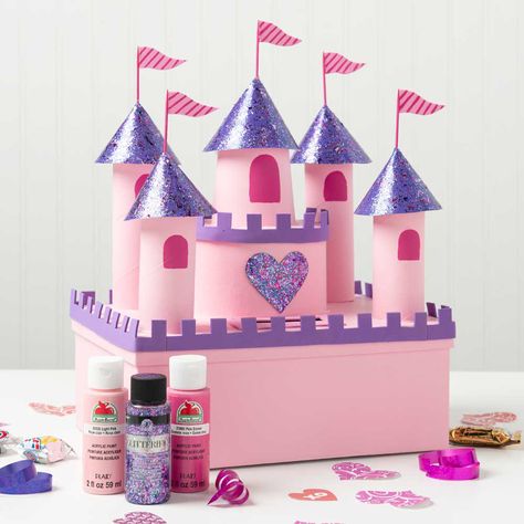 Princess Castle Valentine's Day Box - Project | Plaid Online Girls Valentines Boxes, Valentine Boxes For School, Diy Valentines Box, Plaid Online, Kids Valentine Boxes, Crafts Valentines, Princess Valentines, Castle Crafts, Valentine Card Box