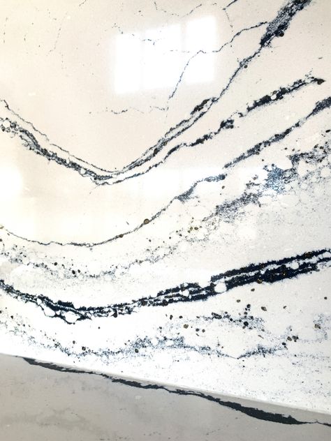 Cambrian Portrush Quartz, Quartz With Blue Veins, Port Rush Quartz Cambria, Portrush Cambria Quartz, Portrush Cambria Kitchen, Cambria Portrush Countertops, Black And White Quartz Countertops, Blue Quartz Countertops, Kitchen Countertop Decor Ideas