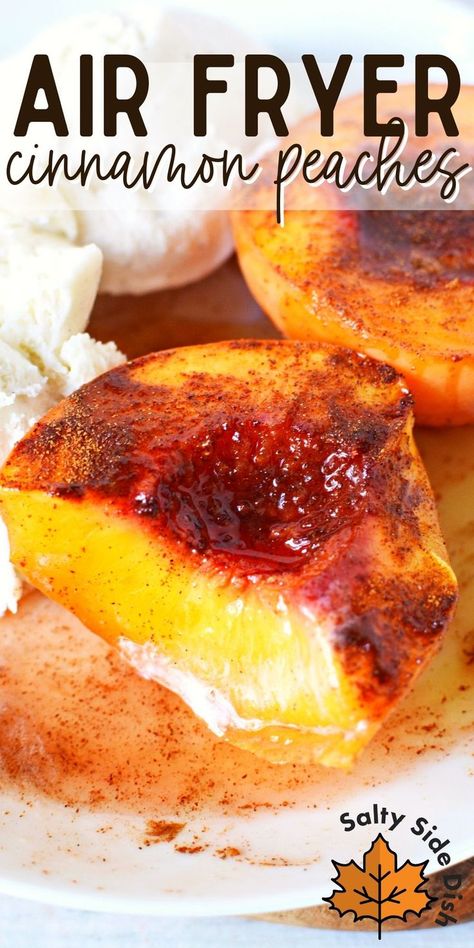 cut open air fried peaches on a white plate with ice cream Air Fry Fruit, Air Fried Fruit Recipes, Air Fried Fruit, Air Fryer Peaches Recipes, Peach Recipes Air Fryer, Peaches In The Air Fryer, Air Fryer Peaches Healthy, Air Fryer Grilled Peaches, Air Fry Peaches