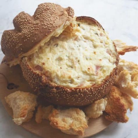 My famous creamy Bacon and Cheese Cob Loaf is the ultimate comfort food! The Cheese and Bacon Dip can be made up to two days in advance and then added to your Cob Loaf before popping into the oven. Cobb Loaf Dip, Cobb Loaf, Cob Loaf Dip, Cob Loaf, Ham And Cheese Quiche, Bacon Dip, Bacon And Cheese, Easy Bacon, Kitchen Help