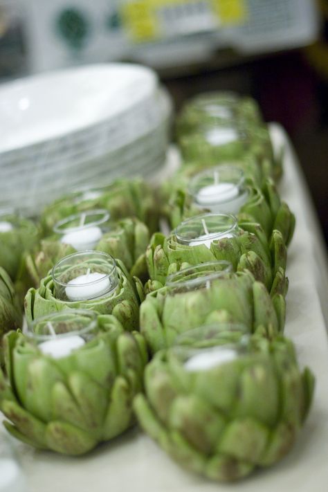 Candles for Table Vegetables Table Decor, Vegetable Centerpieces Wedding, Vegetable Table Arrangements, Dollar Tree Glass Centerpieces With Artichokes In It, Vegetable Centerpieces, Eucalyptus Centerpiece Round Table, Artichoke Centerpiece Table Decorations, Deco Fruit, Tafel Decor