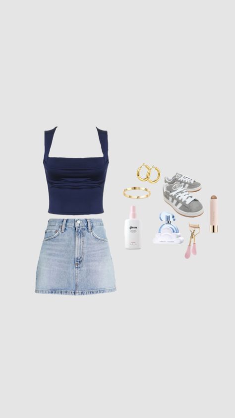 cute navy blue and denim skirt outfit !! #foryou #shufflefyp #outfitinspo #outfit #denim #navyblue #summer #holiday #shuffleinspo #cute Blue Top Black Skirt, Blue Denim Skirt Outfit, Portugal Outfits, Denim Mini Skirt Outfit, Denim Skirt Outfit, White Skirt Outfits, Black Skirt Outfits, Jean Skirt Outfits, July Outfits