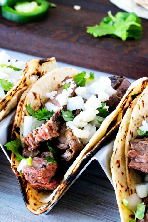 Carne Asada Tacos Recipe (Mexican Street Tacos) - The Anthony Kitchen Filet Mignon Tacos, Carne Asada Tacos Recipe, Mexican Street Tacos, Carne Asada Steak, Taco Recipes Mexican, Carne Asada Marinade, Flank Steak Tacos, Street Taco Recipe, Steak Grilled