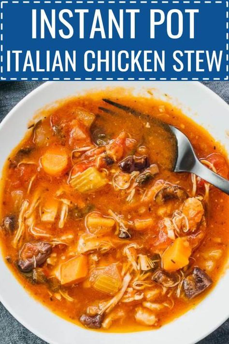 Here's a fantastic recipe for Italian Chicken Stew made in the Instant Pot electric pressure cooker. It's a hearty meal and easy enough to make for weeknight dinners with your family. It's also healthy, and great for special diets like low carb, keto, gluten free, paleo, and whole 30. Click the pin to find the recipe, nutrition facts, cooking tips, and more photos! #healthy #healthyrecipes #lowcarb #keto #ketorecipes #glutenfree #paleo #chicken #instantpot #dinner #easydinner Instant Pot Italian Chicken, Instant Pot Italian, Italian Stew, Keto Gluten Free, Hearty Meal, Instant Pot Soup, Low Carb Breakfast Recipes, Italian Chicken, Electric Pressure Cooker