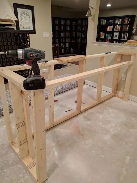 I built a bar in my basement - Imgur Diy Bar Table Man Caves, How To Build A Basement Bar, Build Basement Bar, Building A Basement Bar, Cheap Basement Bar Ideas, Dry Bar Building Plans, Basement Bar Top Ideas, Custom Basement Bar, Diy Bar Build