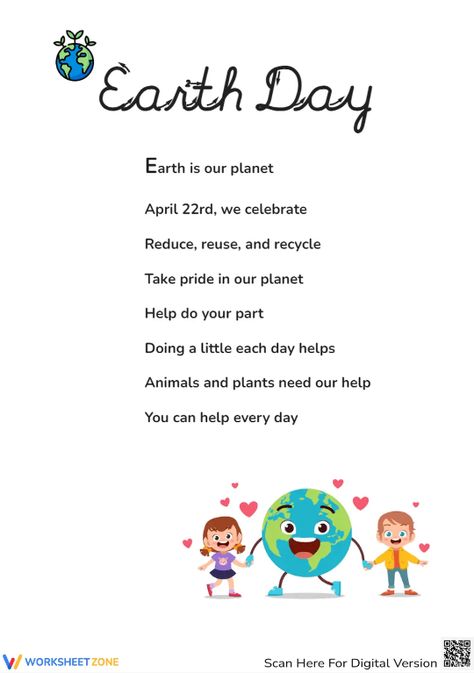 Celebrate the Earth Day and thinking about your roles and your actions with this cute poem worksheet. Try it out! #earthday #theearth #poems #earthdaypoems #printables #worksheet #kidsactivities #printableforkid #reading #reduce #reuse #recycle #poemsforkids #pdf #diy #earthdayactivities #earthdaycrafts Earth Day Poems For Kids, Poem About Earth, Poem Worksheet, Earth Day Poems, Earth Day Worksheets, Earth Day Posters, Earth Projects, Earth Day Crafts, Earth Day Activities