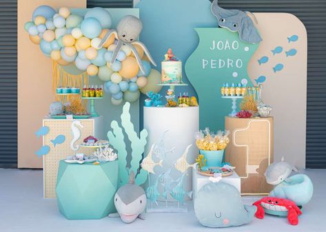 See Birthday Party, Under The Sea Boy Birthday Party, Under The Sea 1st Birthday Boy, Under The Sea First Birthday Boy, Under The Sea Birthday Party Boy, Sea Themed Birthday Party, Under The Sea First Birthday, Sea Birthday Party Decorations, Sea Birthday Party Ideas